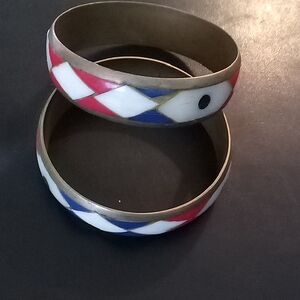 Red, White & Blue Enamel Tribal Bangle Bracelets - Set of 2